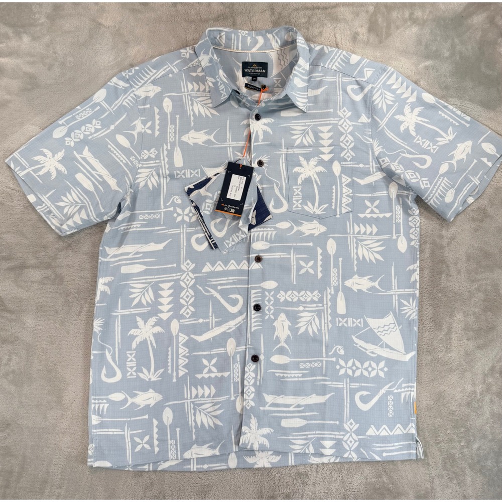 NWT Quiksilver Waterman Men Shirt Short Sleeve Blue Aloha Print Medium